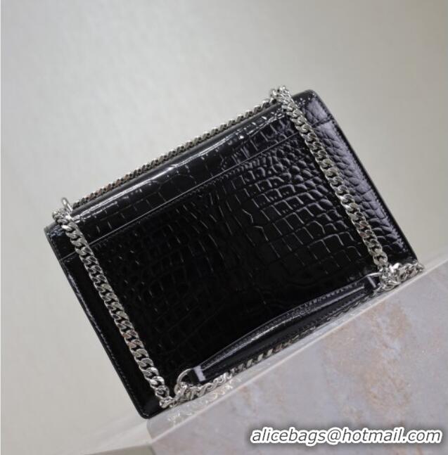 Trendy Design Saint Laurent Sunset Medium Bag in Crocodile Embossed Leather 442906 Black/Silver 2025