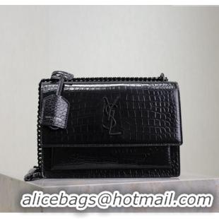 Discount Saint Laurent Sunset Medium Bag in Crocodile Embossed Leather 442906 All Black 2025