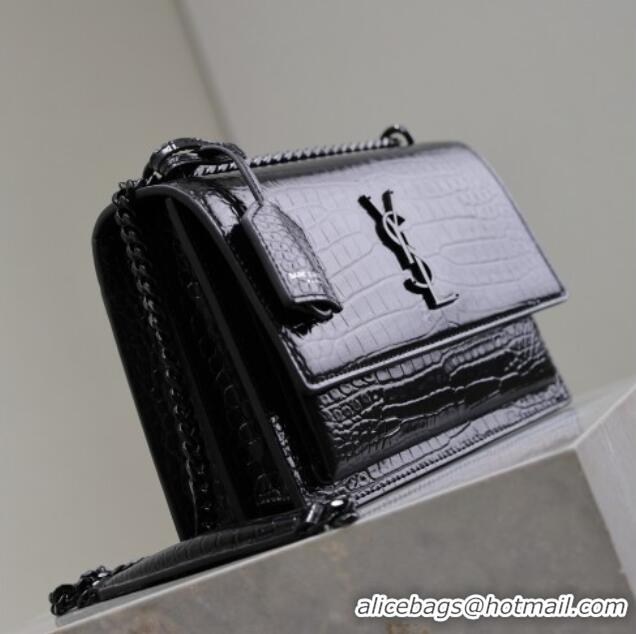 Discount Saint Laurent Sunset Medium Bag in Crocodile Embossed Leather 442906 All Black 2025