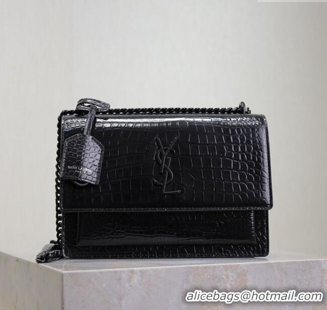 Discount Saint Laurent Sunset Medium Bag in Crocodile Embossed Leather 442906 All Black 2025