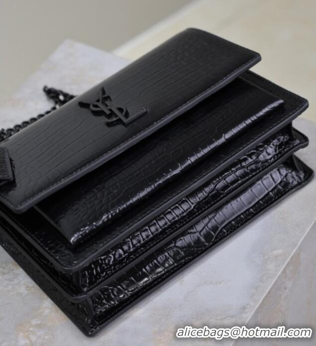 Discount Saint Laurent Sunset Medium Bag in Crocodile Embossed Leather 442906 All Black 2025