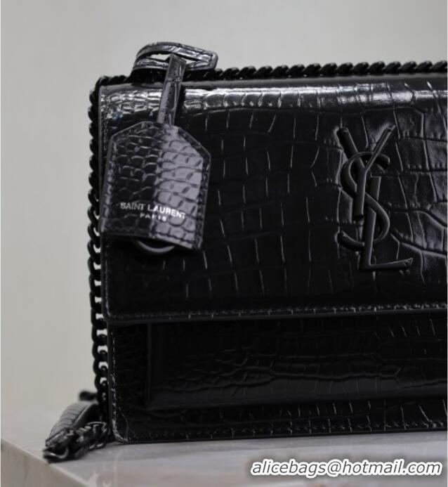 Discount Saint Laurent Sunset Medium Bag in Crocodile Embossed Leather 442906 All Black 2025