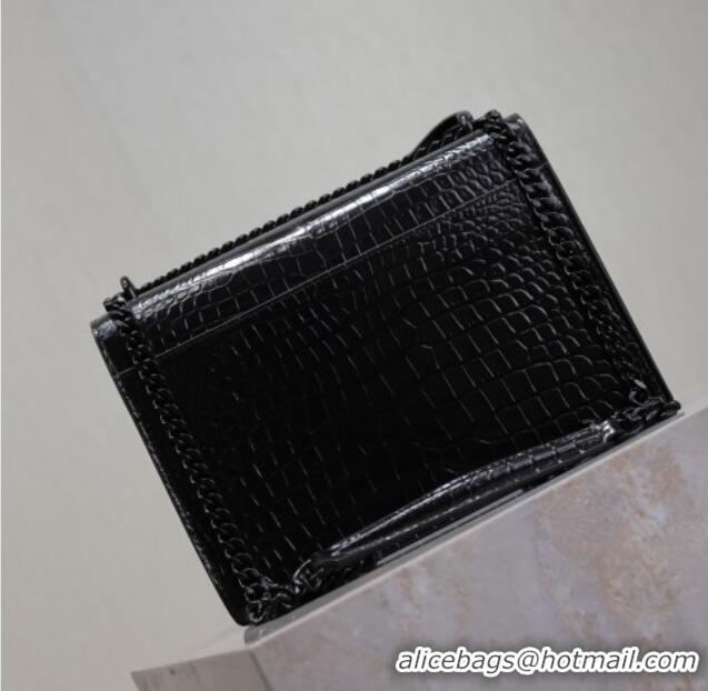 Discount Saint Laurent Sunset Medium Bag in Crocodile Embossed Leather 442906 All Black 2025