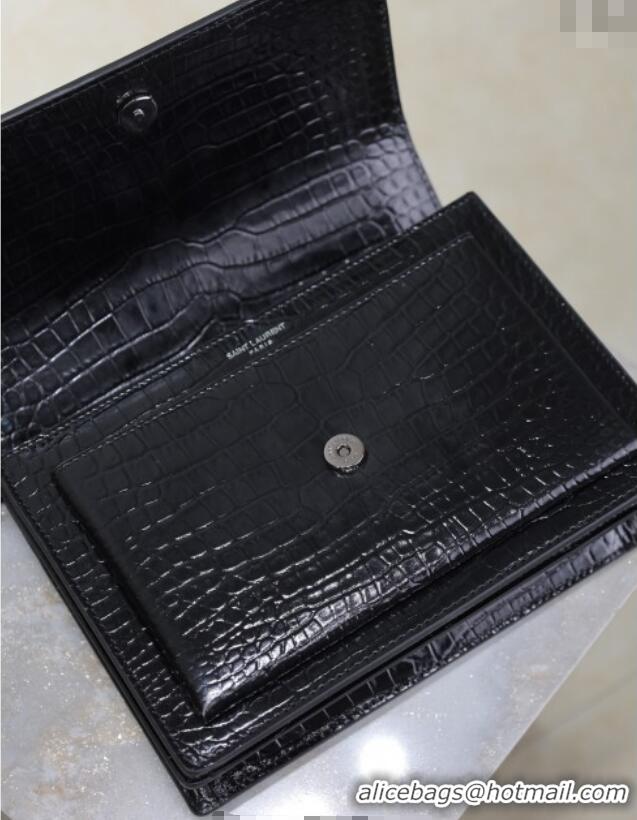 Discount Saint Laurent Sunset Medium Bag in Crocodile Embossed Leather 442906 All Black 2025