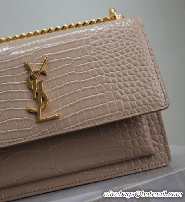 Top Grade Saint Laurent Sunset Medium Bag in Crocodile Embossed Leather 442906 Beige 2025