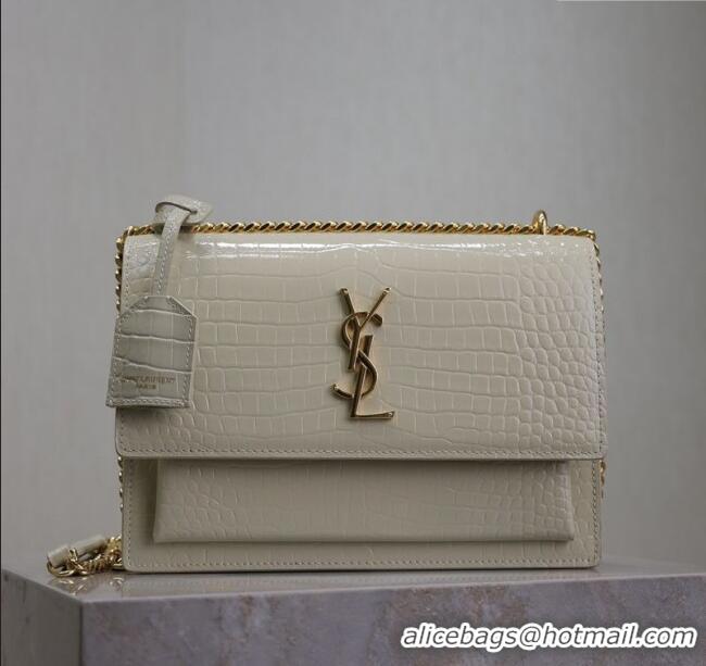 Best Quality Saint Laurent Sunset Medium Bag in Crocodile Embossed Leather 442906 White/Gold 2025