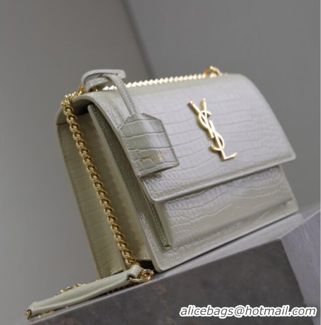 Best Quality Saint Laurent Sunset Medium Bag in Crocodile Embossed Leather 442906 White/Gold 2025