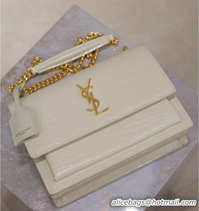 Best Quality Saint Laurent Sunset Medium Bag in Crocodile Embossed Leather 442906 White/Gold 2025