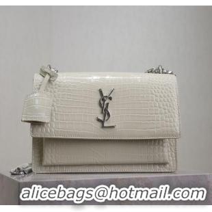Buy Discount Saint Laurent Sunset Medium Bag in Crocodile Embossed Leather 442906 White/Silver 2025