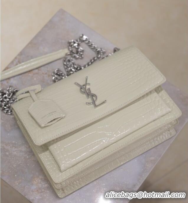 Buy Discount Saint Laurent Sunset Medium Bag in Crocodile Embossed Leather 442906 White/Silver 2025