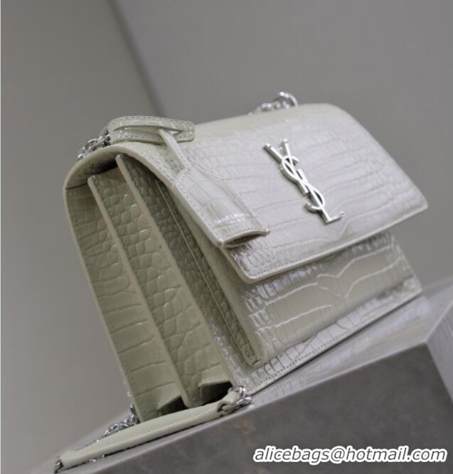 Buy Discount Saint Laurent Sunset Medium Bag in Crocodile Embossed Leather 442906 White/Silver 2025
