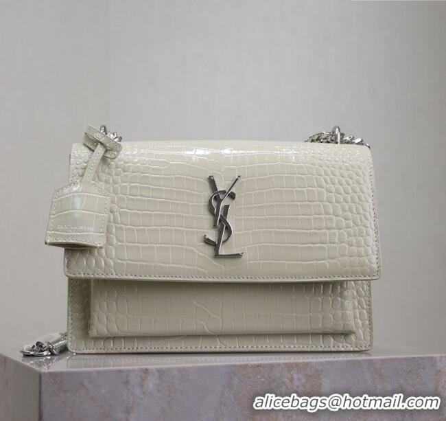 Buy Discount Saint Laurent Sunset Medium Bag in Crocodile Embossed Leather 442906 White/Silver 2025