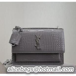 Promotional Saint Laurent Sunset Medium Bag in Crocodile Embossed Leather 442906 Grey 2025
