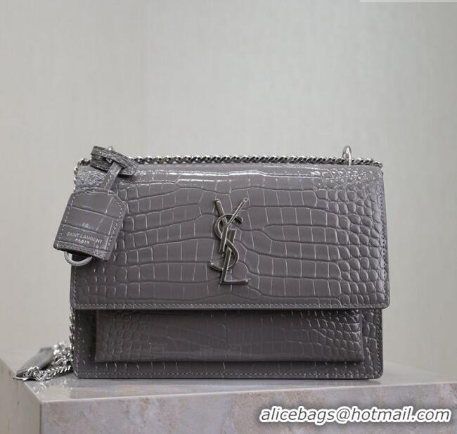 Promotional Saint Laurent Sunset Medium Bag in Crocodile Embossed Leather 442906 Grey 2025