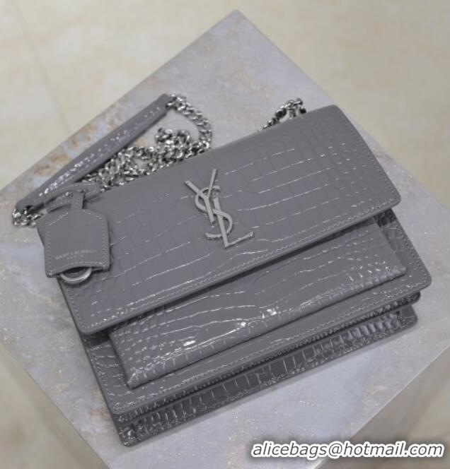 Promotional Saint Laurent Sunset Medium Bag in Crocodile Embossed Leather 442906 Grey 2025