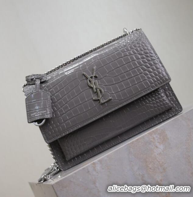 Promotional Saint Laurent Sunset Medium Bag in Crocodile Embossed Leather 442906 Grey 2025