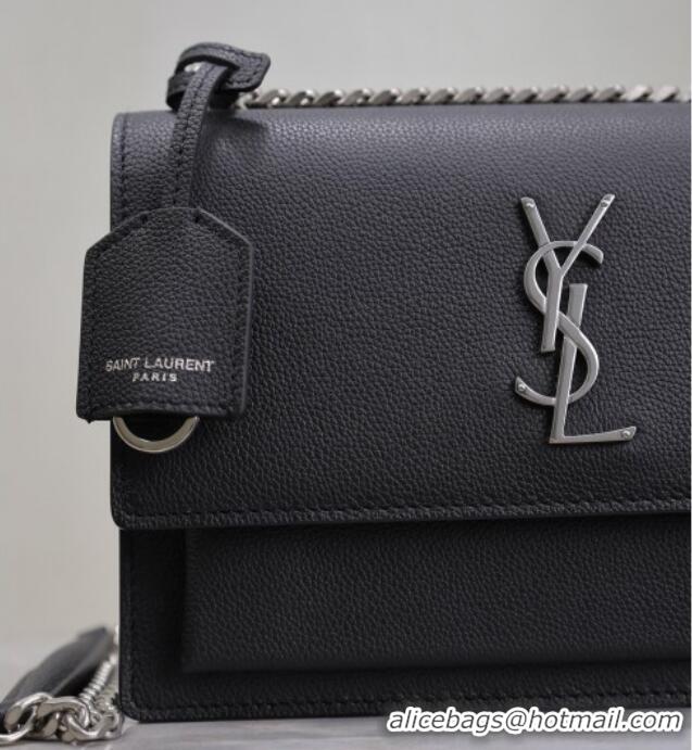 Super Quality Saint Laurent Sunset Medium Bag in Grained Leather 442906 Black/Silver 2025