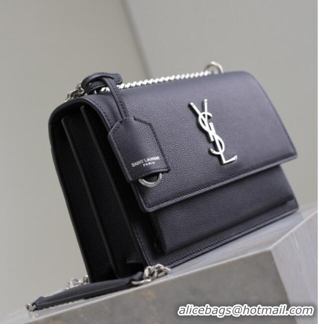 Super Quality Saint Laurent Sunset Medium Bag in Grained Leather 442906 Black/Silver 2025