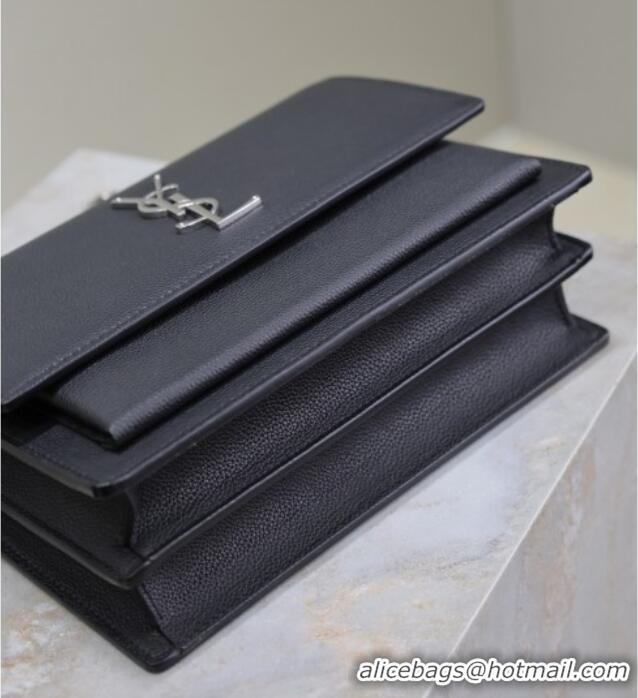 Super Quality Saint Laurent Sunset Medium Bag in Grained Leather 442906 Black/Silver 2025