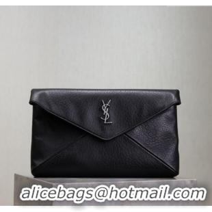 Famous Brand Saint Laurent Cassandre Large Envelope Pouch in Embossed Lambskin 769307 Black/Silver 2025