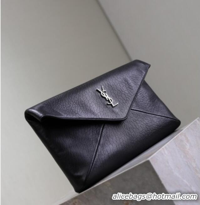 Famous Brand Saint Laurent Cassandre Large Envelope Pouch in Embossed Lambskin 769307 Black/Silver 2025