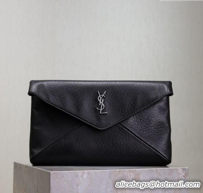 Famous Brand Saint Laurent Cassandre Large Envelope Pouch in Embossed Lambskin 769307 Black/Silver 2025