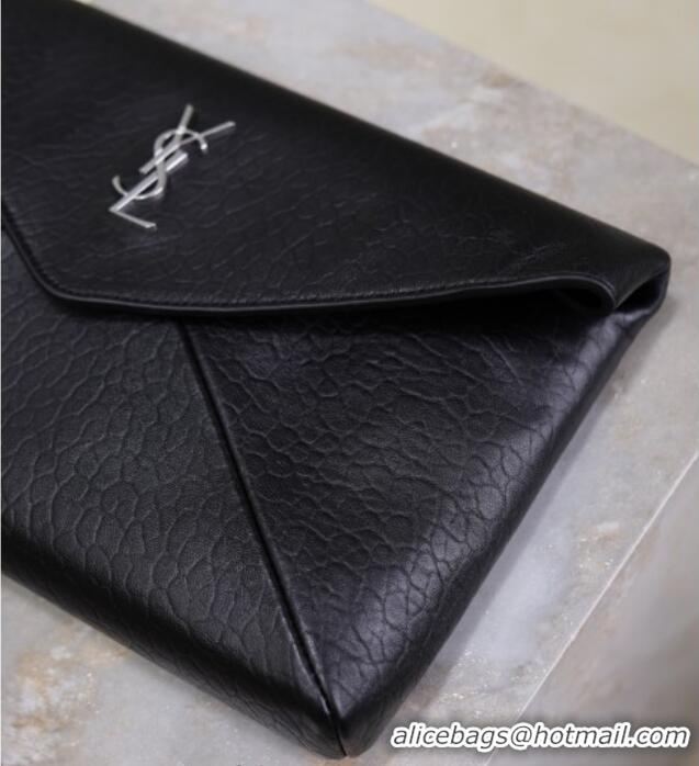Famous Brand Saint Laurent Cassandre Large Envelope Pouch in Embossed Lambskin 769307 Black/Silver 2025