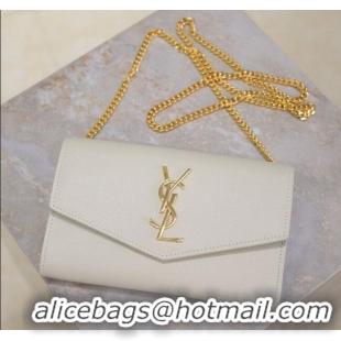 Good Quality Saint Laurent Uptown Chain Wallet in Grained Leather 607788 White/Gold 2025