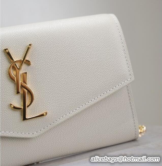 Good Quality Saint Laurent Uptown Chain Wallet in Grained Leather 607788 White/Gold 2025