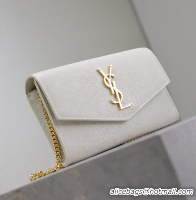 Good Quality Saint Laurent Uptown Chain Wallet in Grained Leather 607788 White/Gold 2025