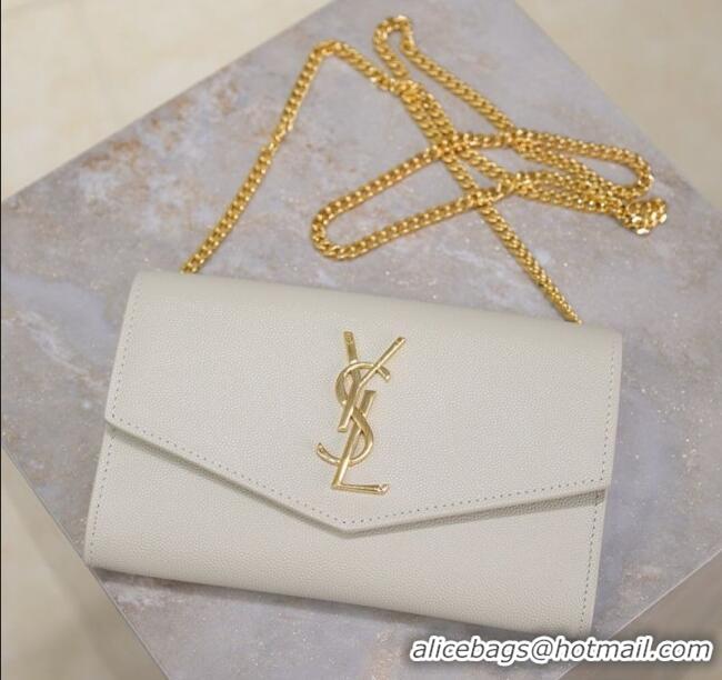 Good Quality Saint Laurent Uptown Chain Wallet in Grained Leather 607788 White/Gold 2025