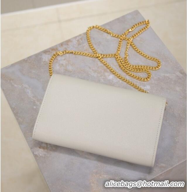 Good Quality Saint Laurent Uptown Chain Wallet in Grained Leather 607788 White/Gold 2025