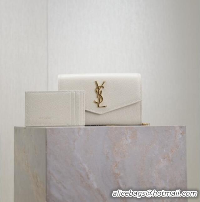 Good Quality Saint Laurent Uptown Chain Wallet in Grained Leather 607788 White/Gold 2025