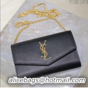 Top Grade Saint Laurent Uptown Chain Wallet in Grained Leather 607788 Black/Gold 2025