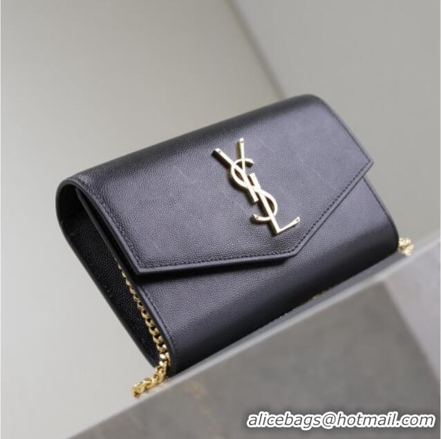 Top Grade Saint Laurent Uptown Chain Wallet in Grained Leather 607788 Black/Gold 2025
