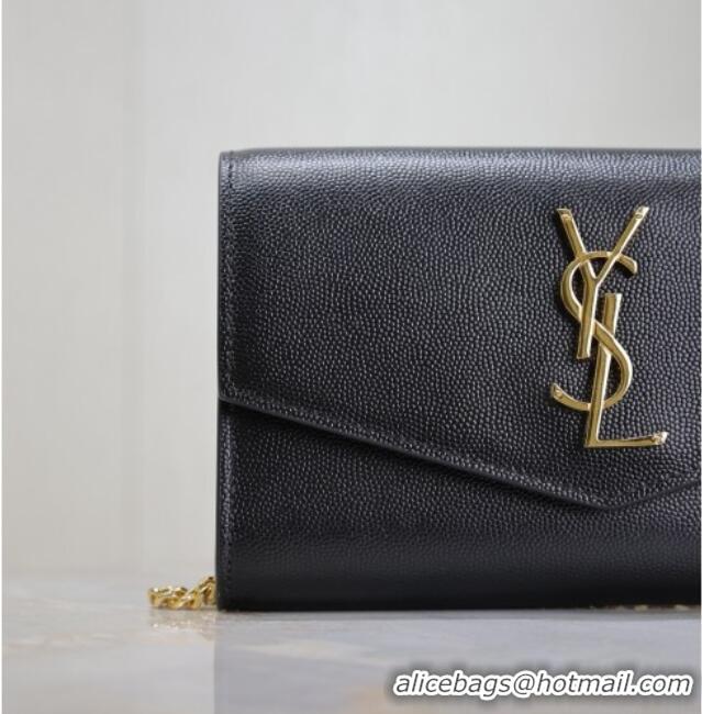 Top Grade Saint Laurent Uptown Chain Wallet in Grained Leather 607788 Black/Gold 2025