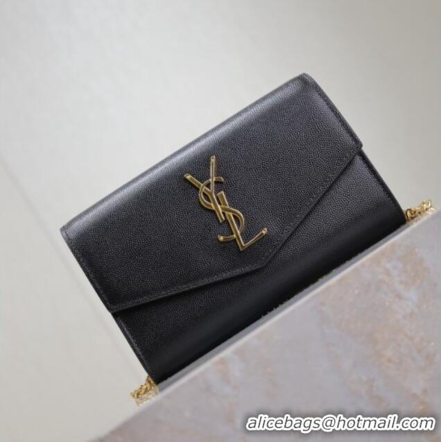 Top Grade Saint Laurent Uptown Chain Wallet in Grained Leather 607788 Black/Gold 2025
