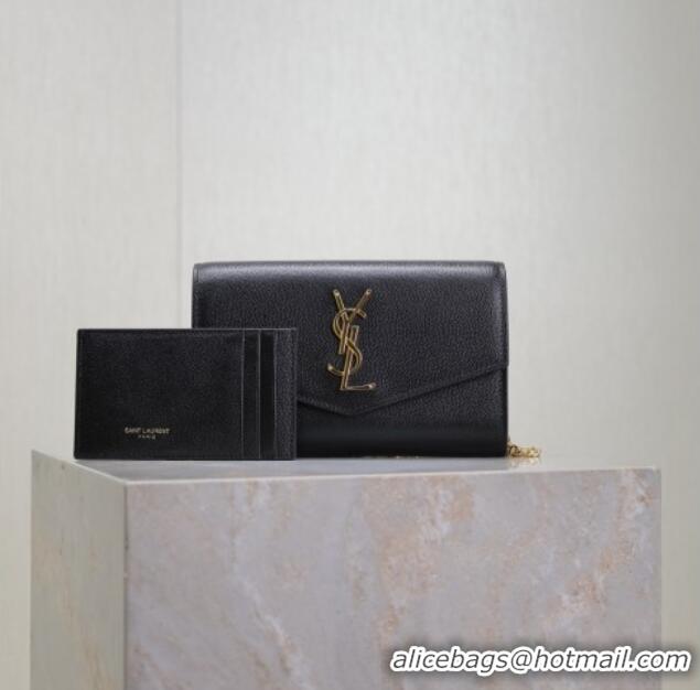Top Grade Saint Laurent Uptown Chain Wallet in Grained Leather 607788 Black/Gold 2025
