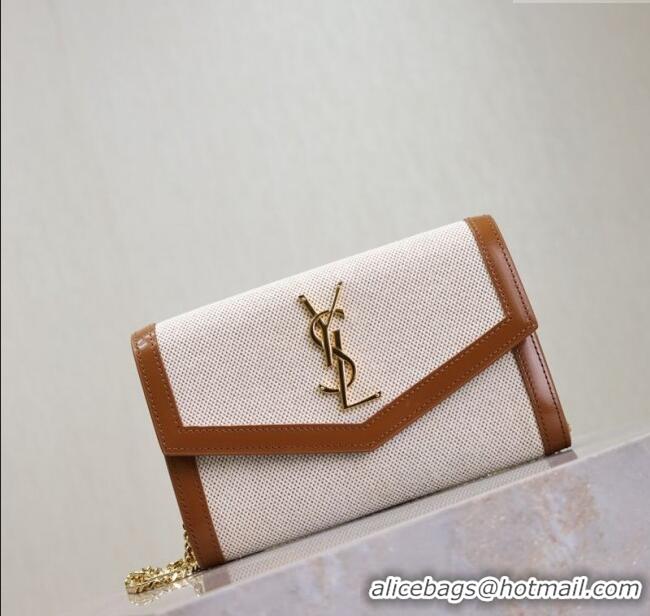 Famous Brand Saint Laurent Uptown Chain Wallet in Canvas and Leather 607788 Brown 2025