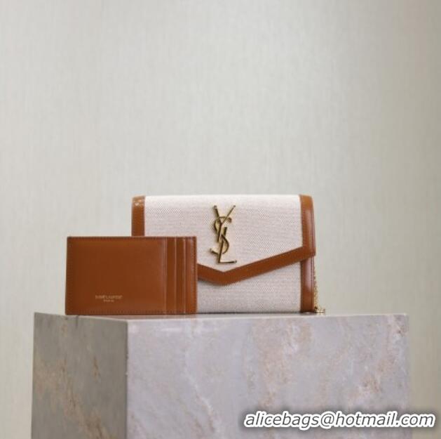 Famous Brand Saint Laurent Uptown Chain Wallet in Canvas and Leather 607788 Brown 2025