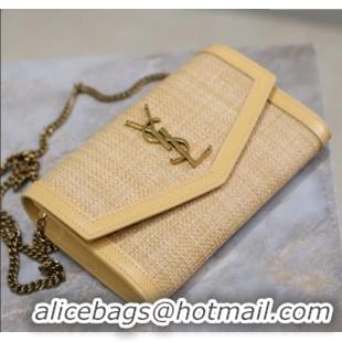 Top Grade Saint Laurent Uptown Chain Wallet in Straw and Leather 607788 Yellow 2025