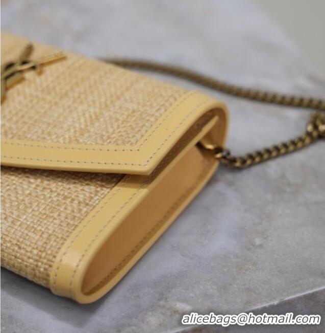 Top Grade Saint Laurent Uptown Chain Wallet in Straw and Leather 607788 Yellow 2025
