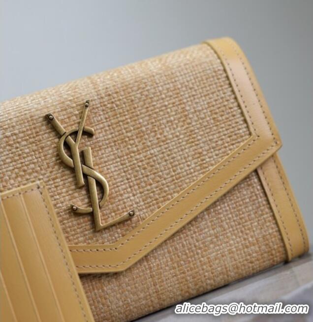 Top Grade Saint Laurent Uptown Chain Wallet in Straw and Leather 607788 Yellow 2025