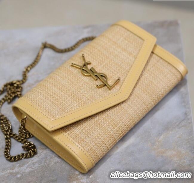 Top Grade Saint Laurent Uptown Chain Wallet in Straw and Leather 607788 Yellow 2025