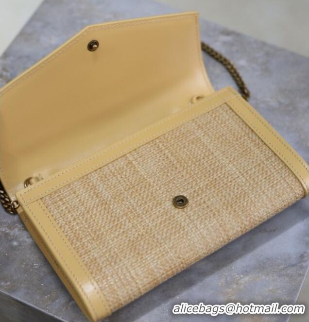 Top Grade Saint Laurent Uptown Chain Wallet in Straw and Leather 607788 Yellow 2025
