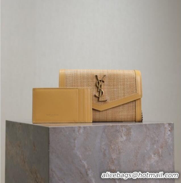 Top Grade Saint Laurent Uptown Chain Wallet in Straw and Leather 607788 Yellow 2025