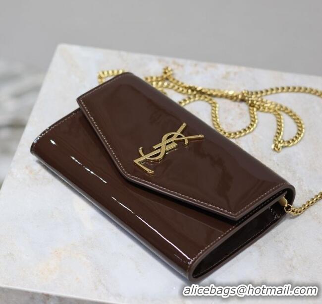 Top Quality Saint Laurent Uptown Chain Wallet in Patent Leather 607788 Brown 2025