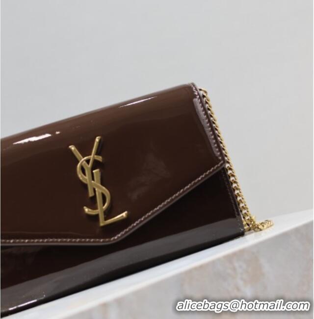 Top Quality Saint Laurent Uptown Chain Wallet in Patent Leather 607788 Brown 2025
