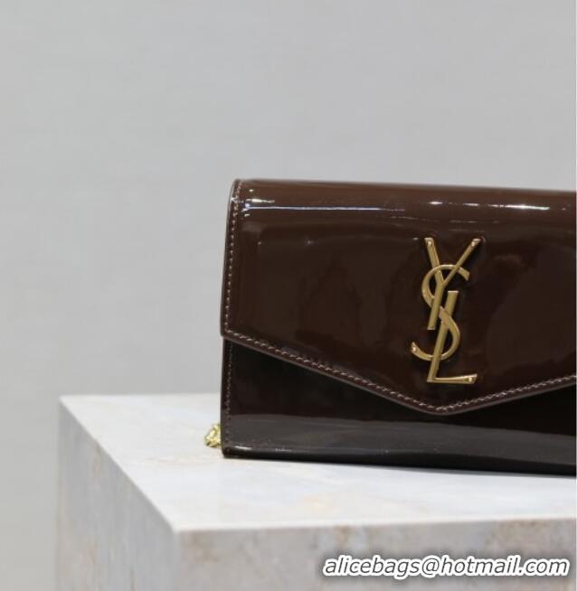 Top Quality Saint Laurent Uptown Chain Wallet in Patent Leather 607788 Brown 2025