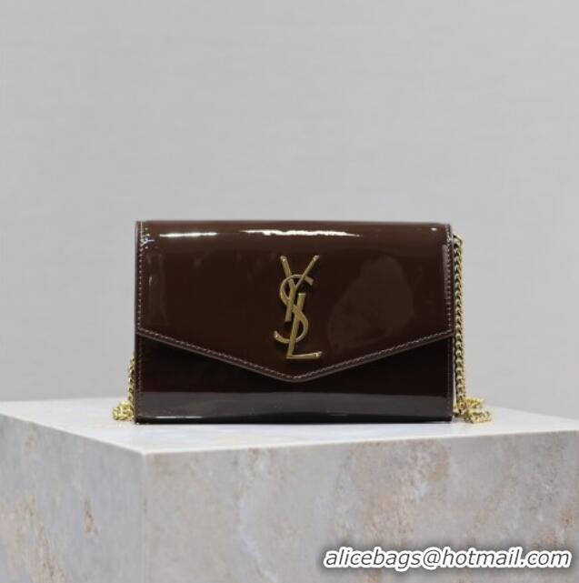Top Quality Saint Laurent Uptown Chain Wallet in Patent Leather 607788 Brown 2025